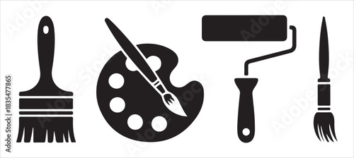 Painting tools silhouette icon set with brush roller palette and paint brush art supplies