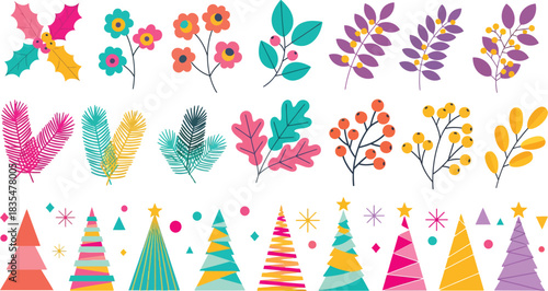 Collection of stylized botanical elements and festive christmas trees with colorful abstract patterns and whimsical floral motifs for design and decoration