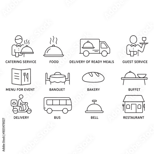 Catering line icon set vector. Catering service, food, delivery of ready meals, guest service, menu for event, banquet vector
