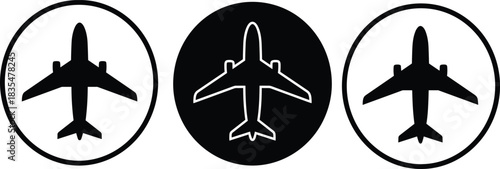 Airplane icon set, aviation symbols, aircraft silhouette logos, flight transportation signs, airline travel graphic design, jet plane vector illustration, aviation branding elements