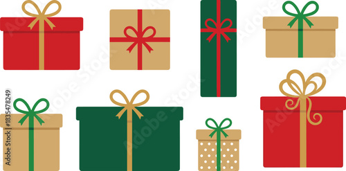 Christmas gift boxes, holiday presents, colorful wrapped packages, festive surprise boxes, winter celebration illustration, decorative ribbons, gift wrapping design, seasonal art, holiday graphics, 