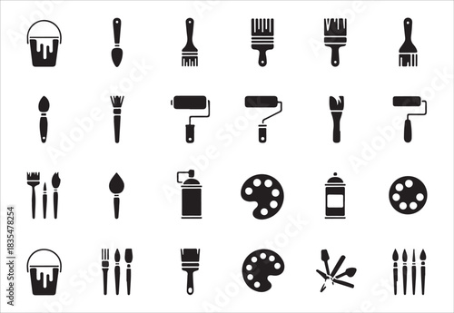 Painting tool set vector icons illustrating different types of brushes, rollers, paint buckets