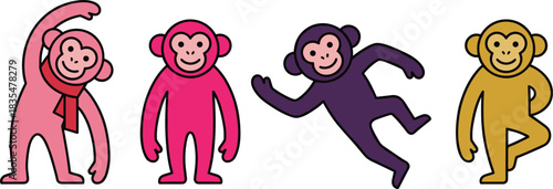 Colorful cartoon monkeys in playful poses, cute animal characters illustration, fun and cheerful vector design, happy monkey artwork for children, vibrant animal graphics