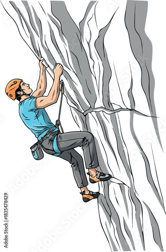 Create Man climbing steep overhanging wall in Kalymnos victor art with white background.