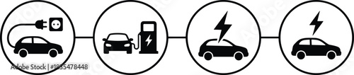 Electric car charging icons, EV plug symbols, battery power vehicle infographic, eco-friendly transport illustration, electric mobility graphic set, sustainable energy automobile concept