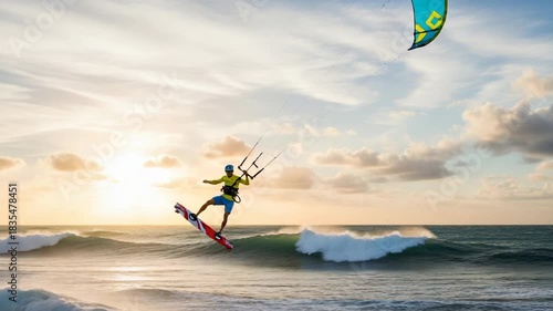 Adventurous kitesurfer soaring high above the water against a stunning sunset sky