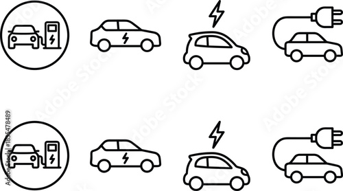Electric car outline icons set with charging station symbols, EV plug illustrations, eco transportation graphics, clean energy vehicle signs for modern sustainable mobility design