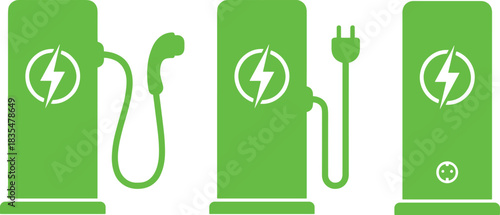 Green electric vehicle charging station icons with power symbols, eco-friendly energy concept, sustainable transportation design, EV charger illustration for renewable technology and clean mobility