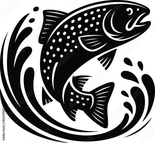 Dynamic fish leaping from a speckled water wave silhouette