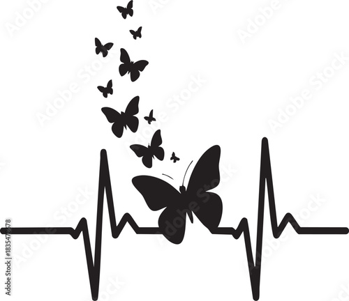 A minimalist black graphic of a heartbeat line transforming into a flock of butterflies, representing life's journey and change.
