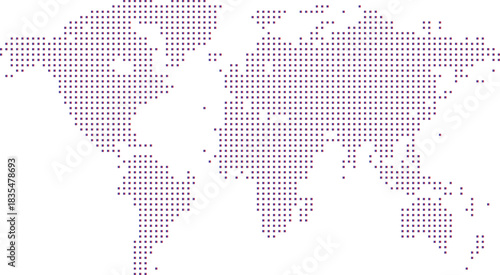 Dotted World Map Vector Graphic in Purple Halftone Pointillism Style Isolated