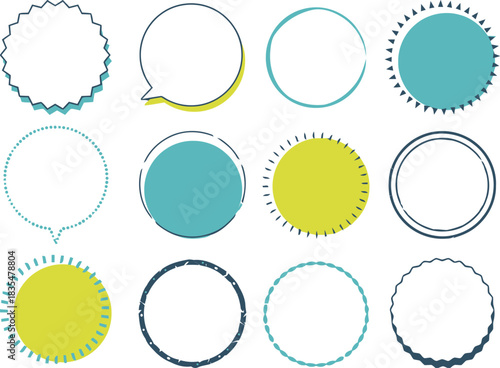 frame, border, circle, decorative, graphic, design, element, set, collection, round, ornamental, abstract, geometric, sunburst, starburst, speech bubble, dotted, wavy, jagged, clean, simple, modern, c