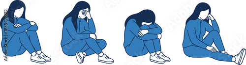 Sad woman sitting in various emotional poses, depression and anxiety illustration, mental health concept, stress and loneliness, sorrowful female figure, psychological struggle artwork, vector design