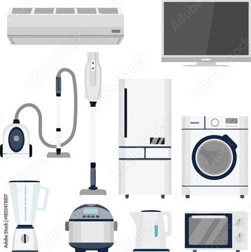 home appliances, white appliances, refrigerator, washing machine, air conditioner, television, vacuum cleaner, blender, rice cooker, kettle, microwave oven, kitchen appliances, household items, electr