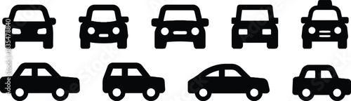 car, automobile, vehicle, transport, transportation, icon, symbol, silhouette, graphic, design, vector, collection, set, sedan, coupe, hatchback, SUV, front view, side view, traffic, road, travel