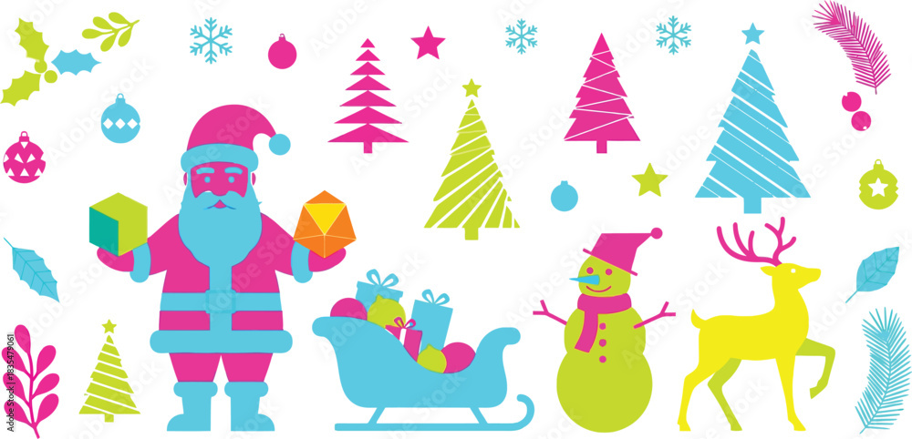 Obraz premium Vibrant and whimsical christmas holiday illustration featuring a stylized santa claus snowman reindeer sleigh and festive decorations in neon colors