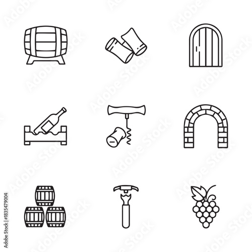 Collection of nine simple line art icons representing wine making and vineyard elements