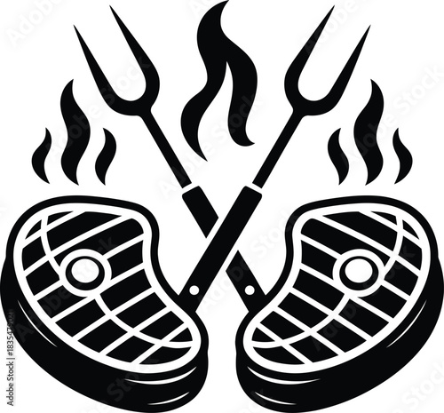 Barbecue steaks crossed forks flames silhouette