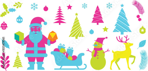 Vibrant and whimsical christmas holiday illustration featuring a stylized santa claus snowman reindeer sleigh and festive decorations in neon colors