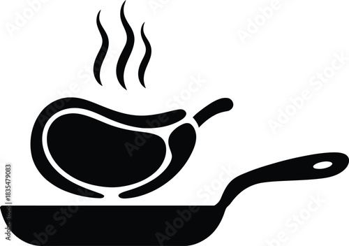 Steaming meat steak in a frying pan silhouette