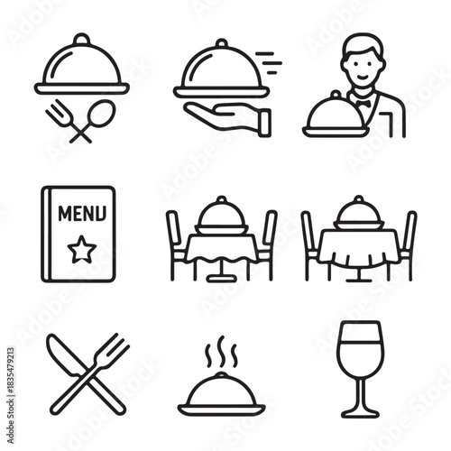 Catering line icon set vector. Catering service, food, delivery of ready meals, guest service, menu for event, banquet vector

