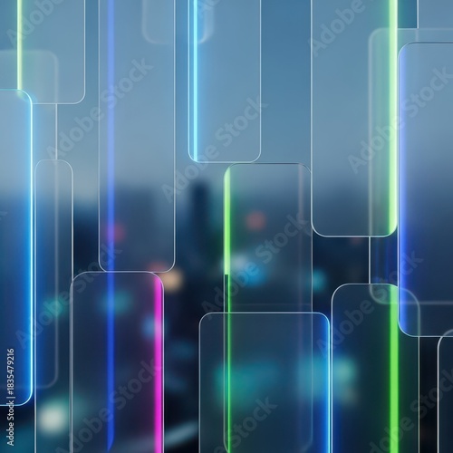 Abstract composition featuring translucent vertical rectangles overlaid on a blurred urban nighttime scene