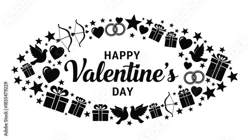 Happy valentines day oval design with romantic symbols and gifts
