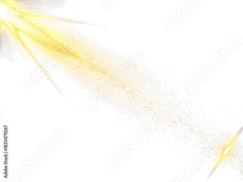 Golden light beam with sparkling particles isolated on transparent background