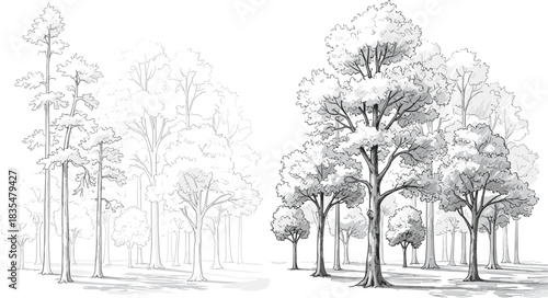Black and white sketch of a forest with two distinct styles of trees nature drawing