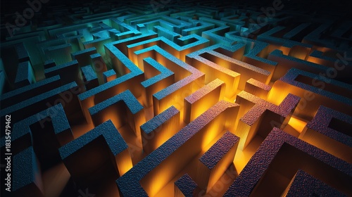 Navigating the Labyrinth: A captivating perspective of a complex maze bathed in an interplay of light and shadow, evoking a sense of challenge, mystery, and the journey to a solution.