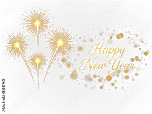 Golden fireworks and bokeh happy new year celebration isolated on transparent background