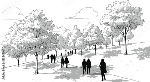 Black and white sketch of people walking in a park with trees and shadows Keywords: park, people, walking, sketch, drawing, black