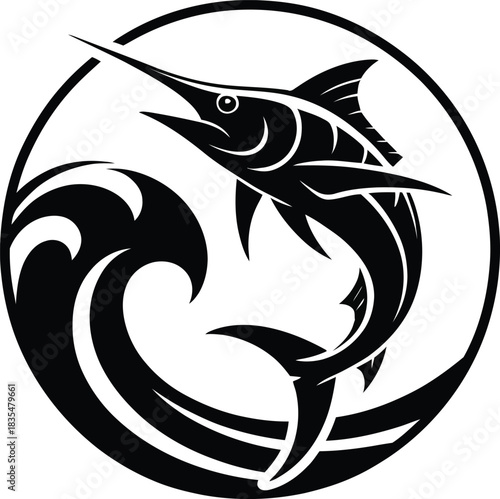 Swordfish leaping over a wave in a circular silhouette