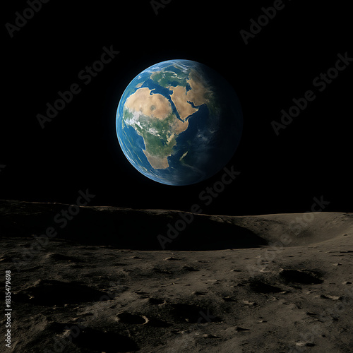 Stunning view of Earth from the moon's surface, showing continents and oceans in vibrant detail, perfect for space exploration or scientific themes