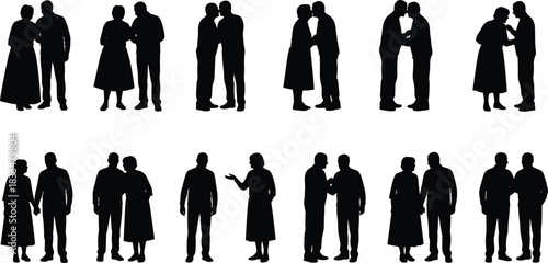 Black Couple Silhouette Collection, Men and Women Talking and Standing Poses, People Group Isolated on White Background, Conversation Interaction Flat Vector Illustration