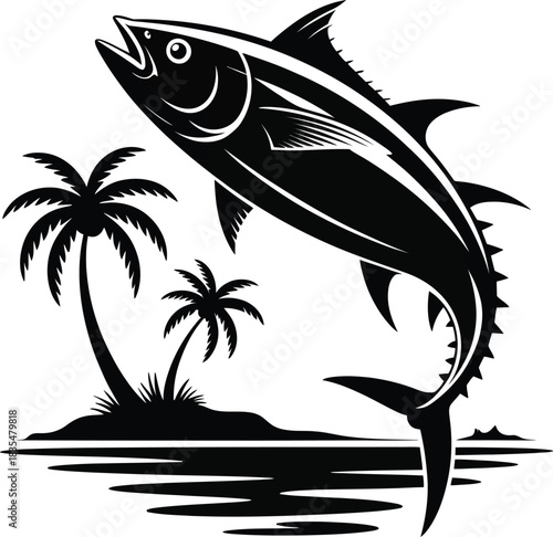 Tropical island with a tuna fish silhouette