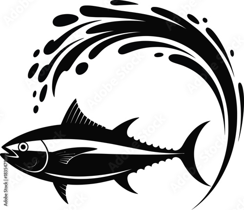 Stylized tuna fish silhouette with water splash and swirl