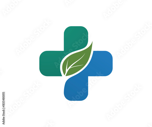 Natural medical cross logo with leaf for health and wellness