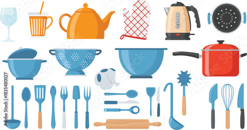 Kitchen utensil icon set, cookware and food preparation tool collection, culinary graphics, cad drawing flat vector illustration