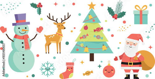 Festive christmas characters and symbols including a cheerful snowman santa claus a reindeer decorated tree gift and stocking set against a snowy background with confetti