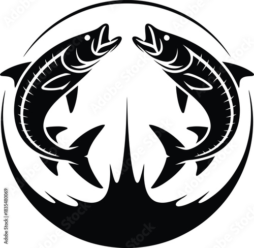 Two dynamic fish leaping from a water circle silhouette