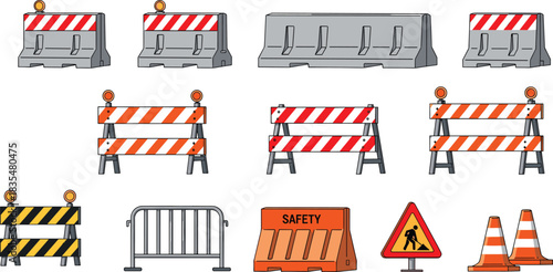 Road safety barrier icon set, construction site and traffic control symbol collection, signage graphics, cad drawing flat vector illustration