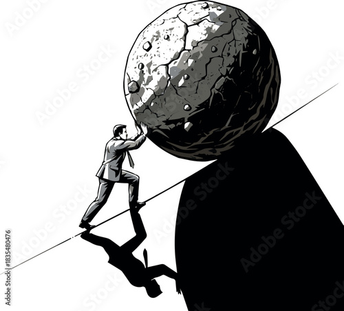 Create Strong business man pushing big rock uphill, surreal. Symbol of strength, courage, power. lifting a heavy ball. business illustration. huge stone up. problem crisis. victor art with white 