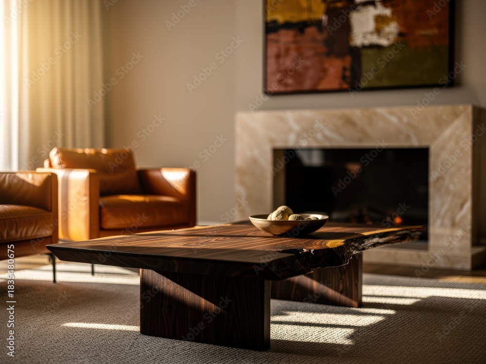 Fototapeta premium Warm cozy living room with wooden dining or coffee table, natural light Scandinavian interior, empty table top mockup perfect for product placement and lifestyle scenes