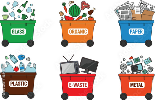Waste segregation bin icon set, recycling and disposal category collection, environmental graphics, cad drawing flat vector illustration