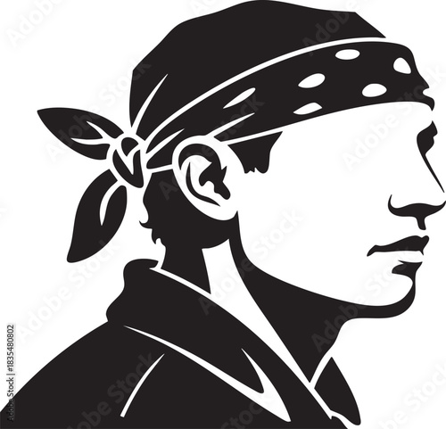 A minimalist, graphic illustration in black and white shows a person's profile wearing a patterned bandana tied at the back.