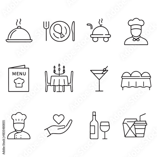 Catering line icon set vector. Catering service, food, delivery of ready meals, guest service, menu for event, banquet vector

