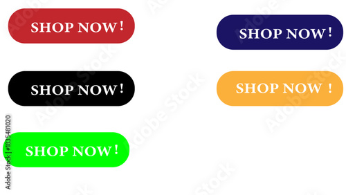 Illustration of five colorful shop now buttons in red, blue, black, orange, and green on white background
