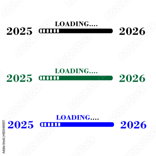 Loading bars transition from year two thousand twenty five to two thousand twenty six in three colors