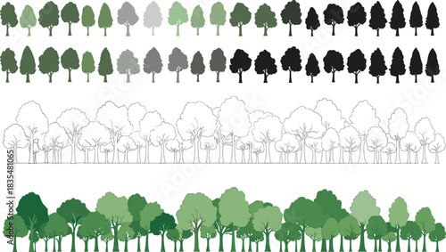 Collection of stylized trees in various colors and styles for design Keywords: trees, forest, nature, green, silhouette, outline